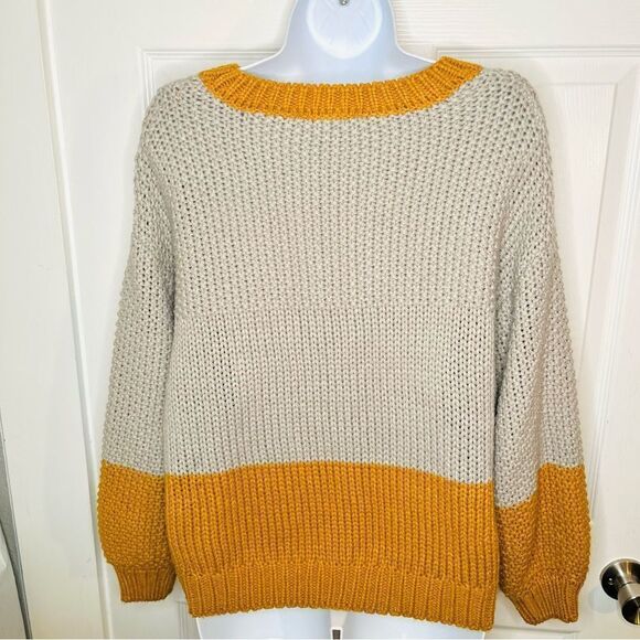 Elodie CrewNeck Colorblock Chunky Knit Sweater Balloon Sleeve Gray Mustard S - Picture 9 of 13